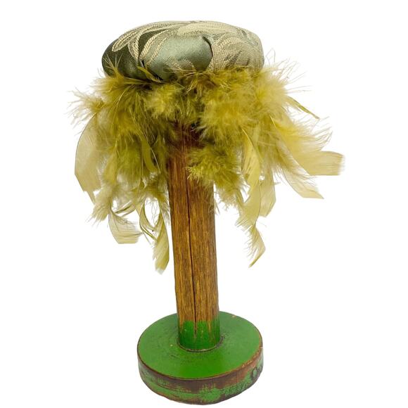 large vintage wooden green SPOOL hat holder brown feathers 11" tall - Picture 4 of 11